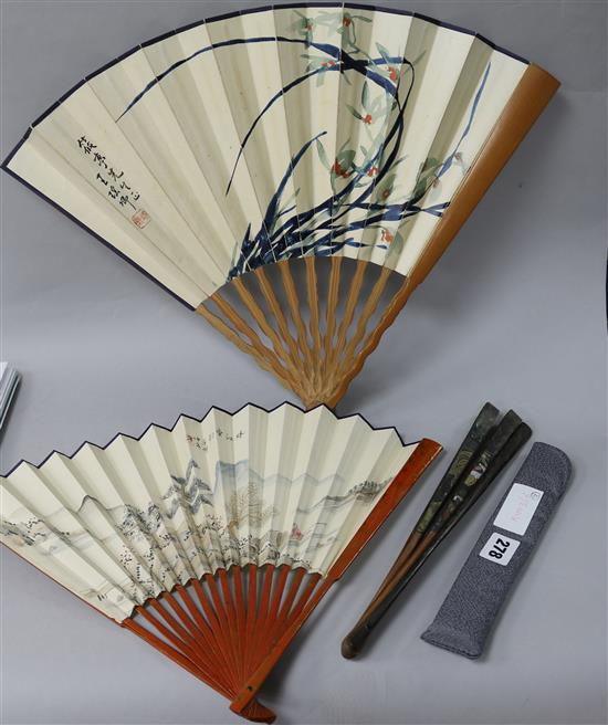 Three Chinese painted fans, bamboo sticks